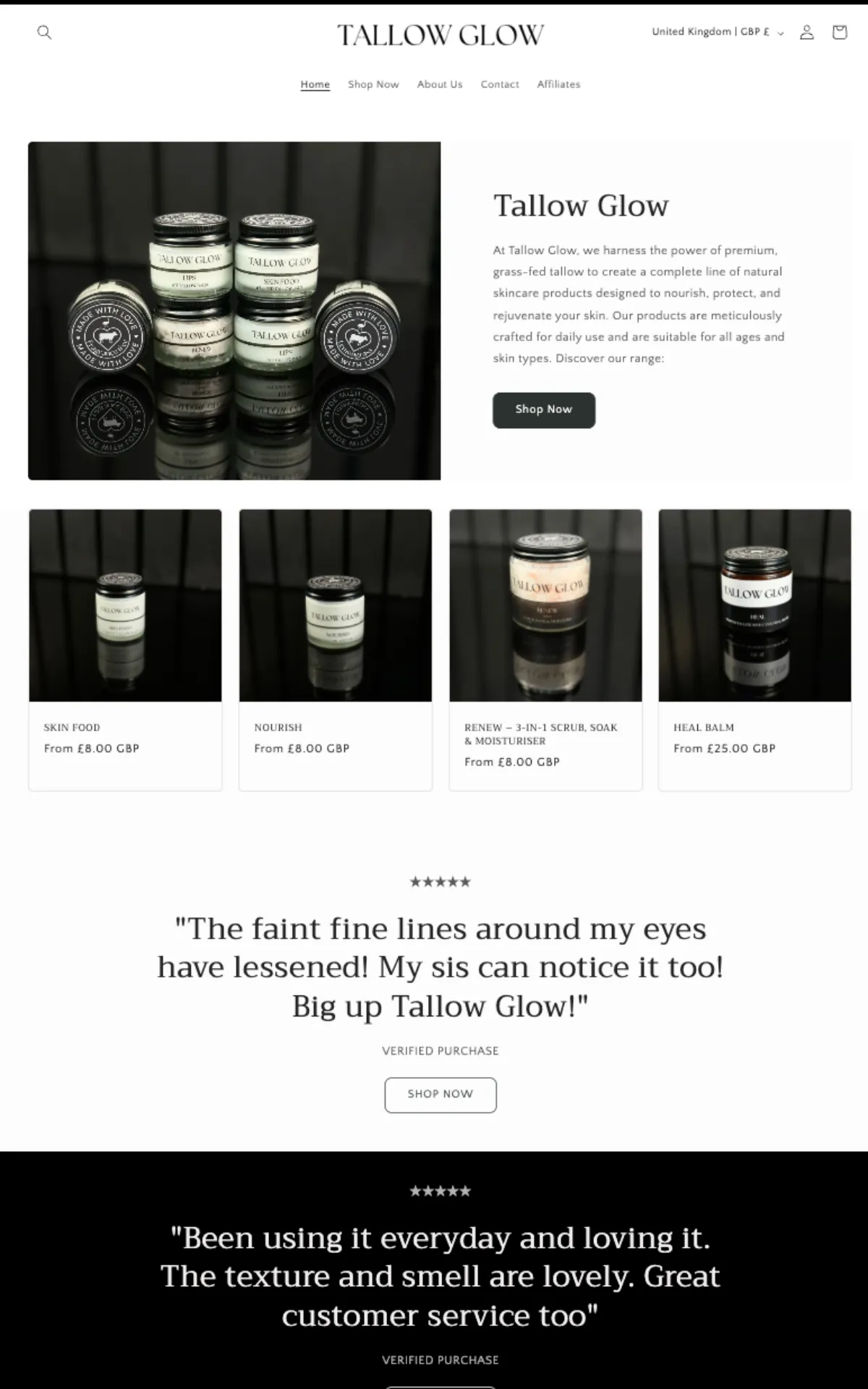 Screenshot of TallowGlow website homepage